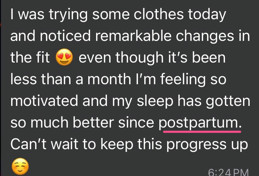 WhatsApp message from a client: clothes fitting differently and much better sleep since postpartum